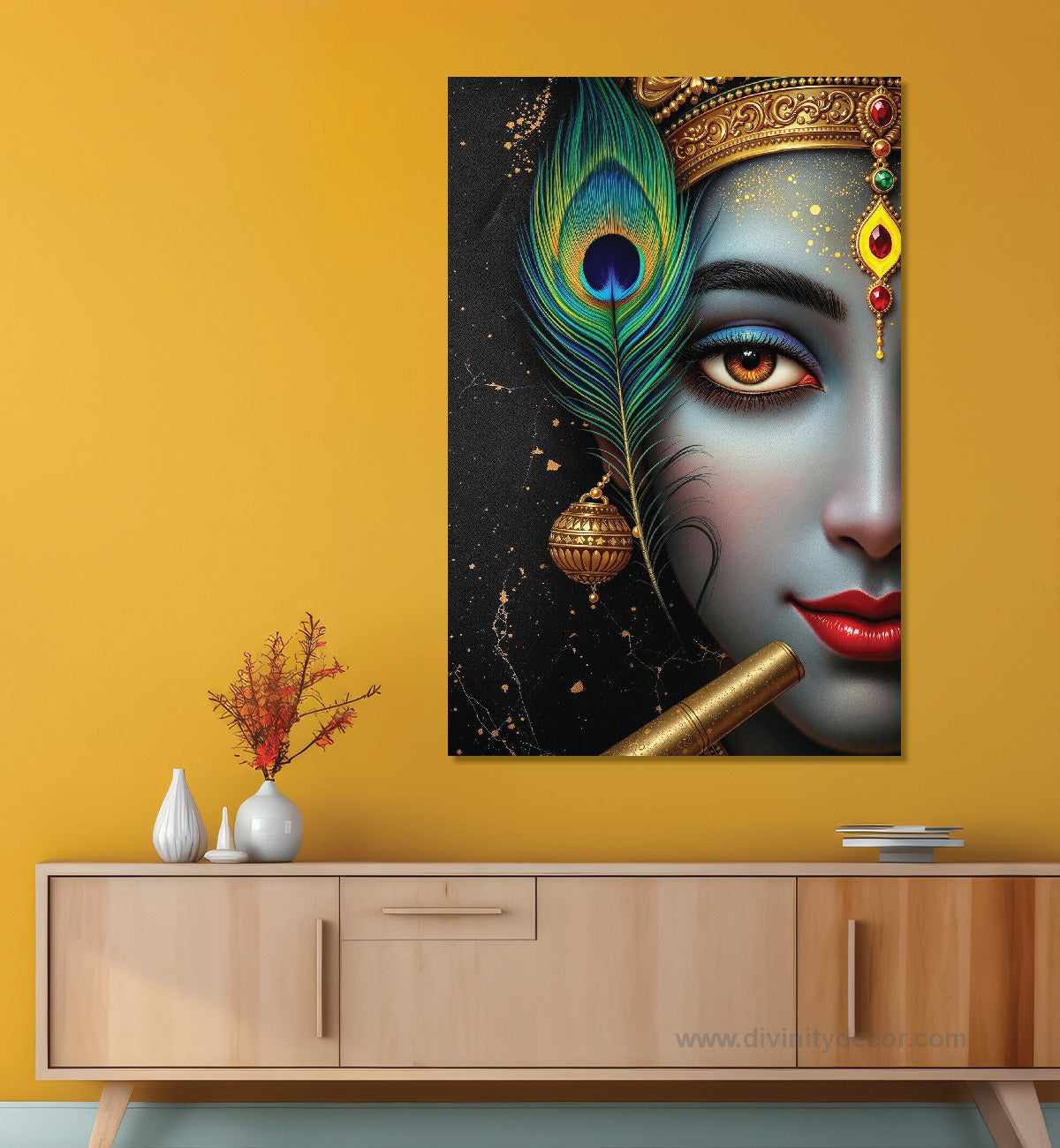 Lord Krishna Peacock Feather Canvas Painting – Elegant Spiritual Art 5
