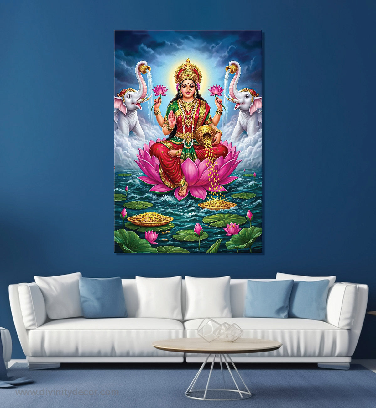 Maa Laxmi Lotus Pose Canvas Painting – Spiritual Home Decor 4