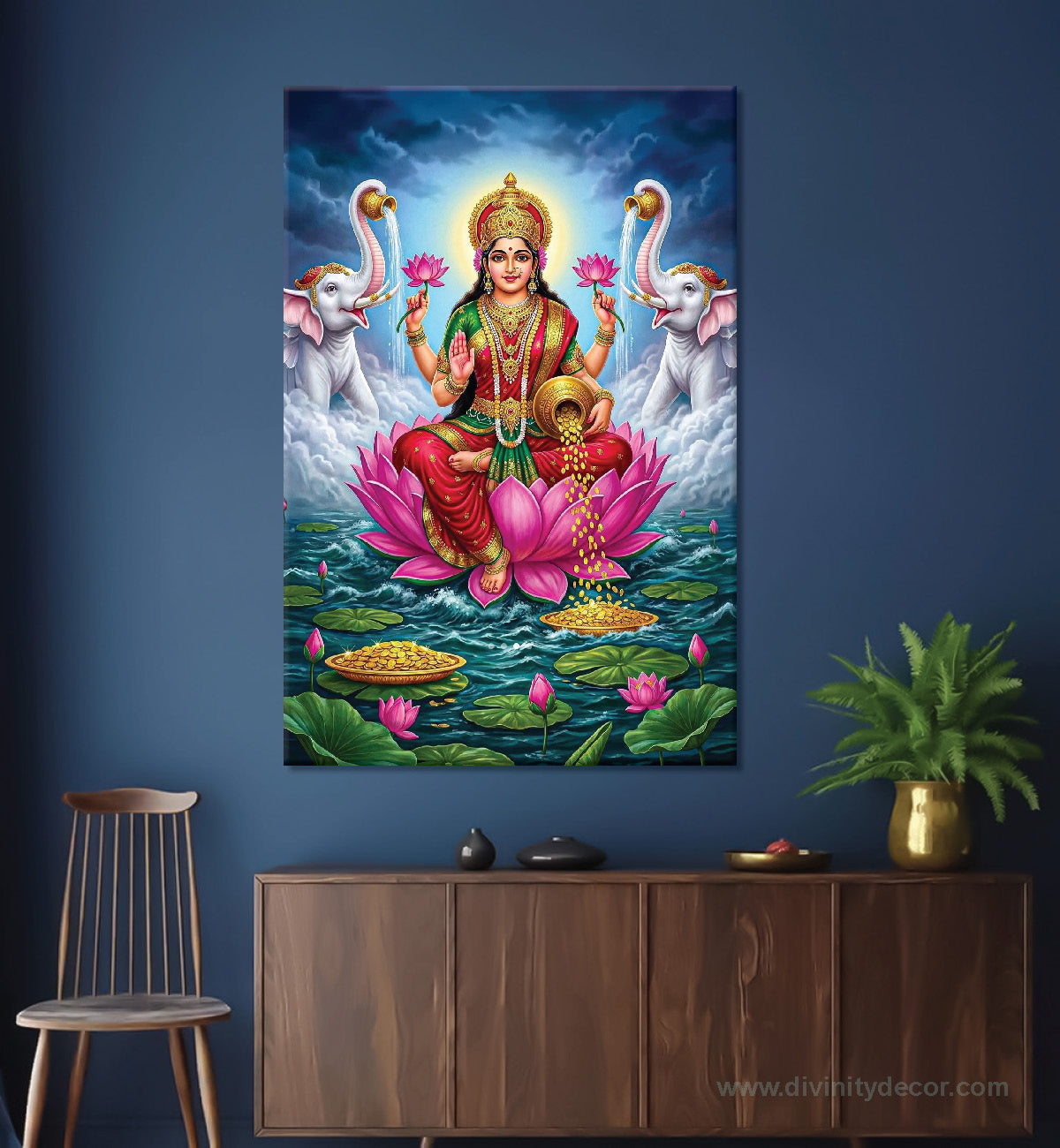 Maa Laxmi Lotus Pose Canvas Painting – Spiritual Home Decor 4
