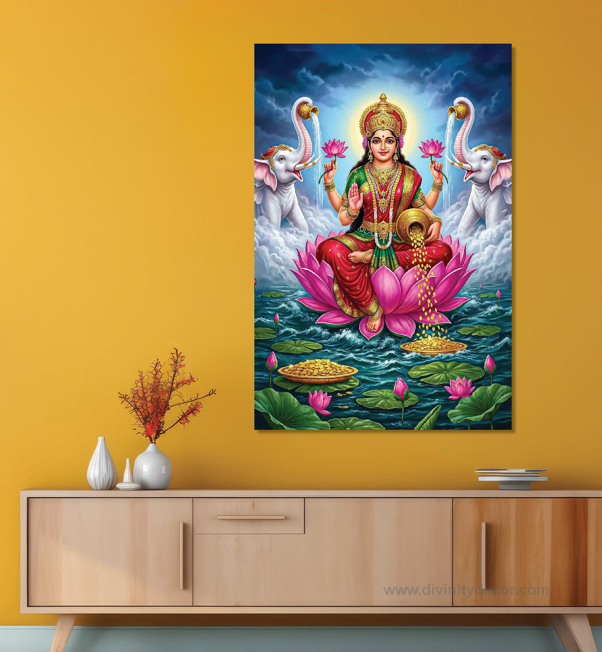 Maa Laxmi Lotus Pose Canvas Painting – Spiritual Home Decor 4