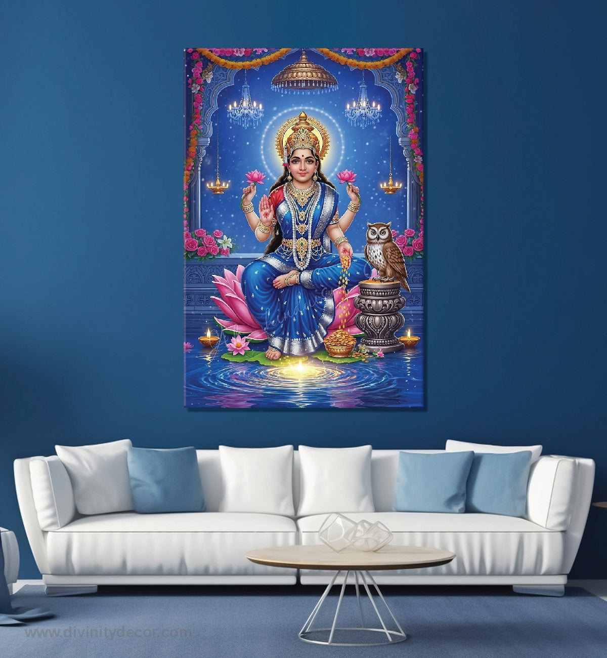 Lakshmi Ji Sitting on Lotus Canvas Painting – Spiritual Wall Decor 14