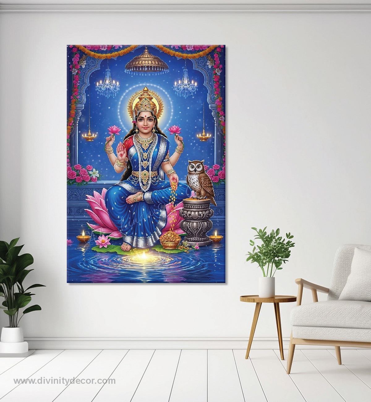 Lakshmi Ji Sitting on Lotus Canvas Painting – Spiritual Wall Decor 14