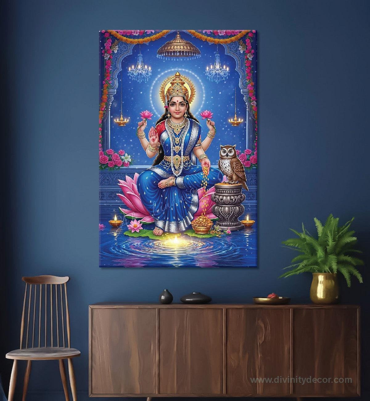 Lakshmi Ji Sitting on Lotus Canvas Painting – Spiritual Wall Decor 14