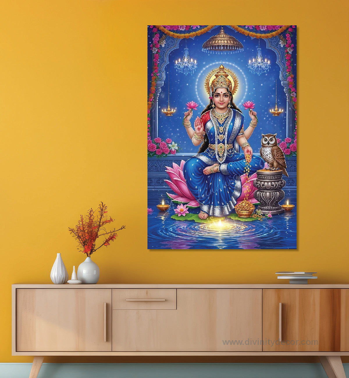 Lakshmi Ji Sitting on Lotus Canvas Painting – Spiritual Wall Decor 14