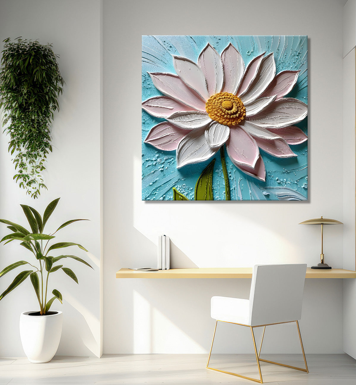 Pink flower in blue background textured painting  - Flower-S-1