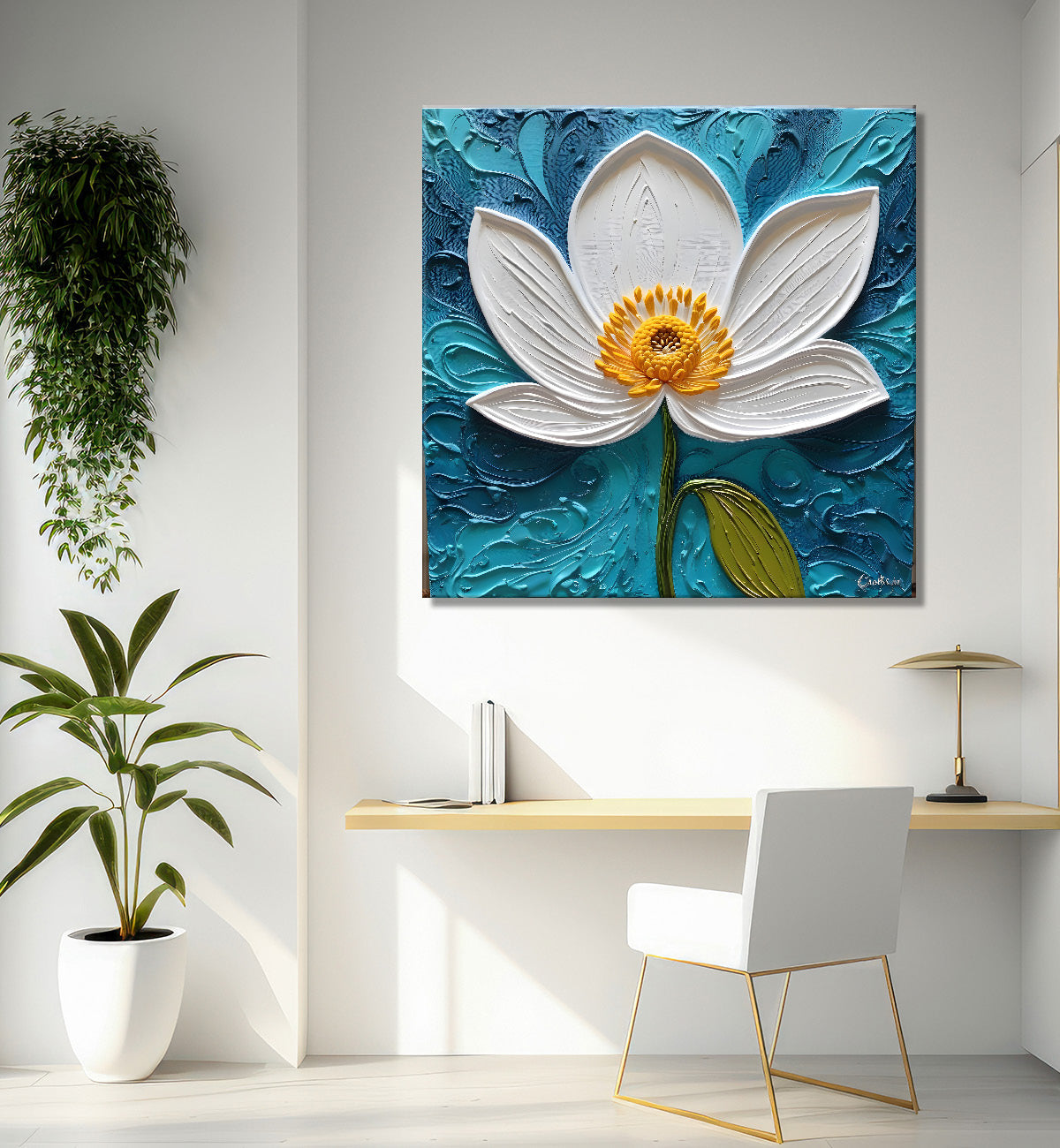 White flower in blue background textured painting - Flower-S-2