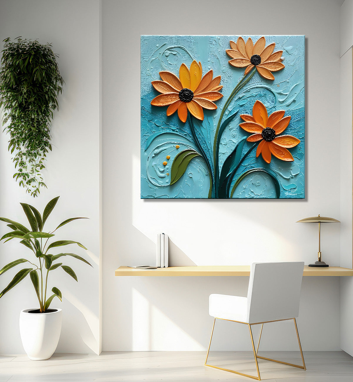 Orange flowers in blue background textured painting  - Flower-S-3