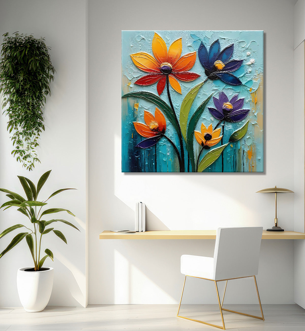 Colourful flowers in blue background textured painting  - Flower-S-4