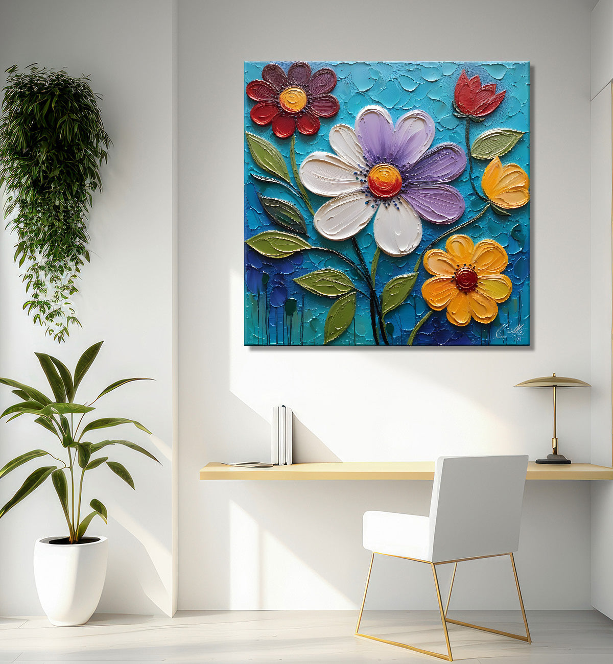 Colourful flowers in blue background textured painting  - Flower-S-6