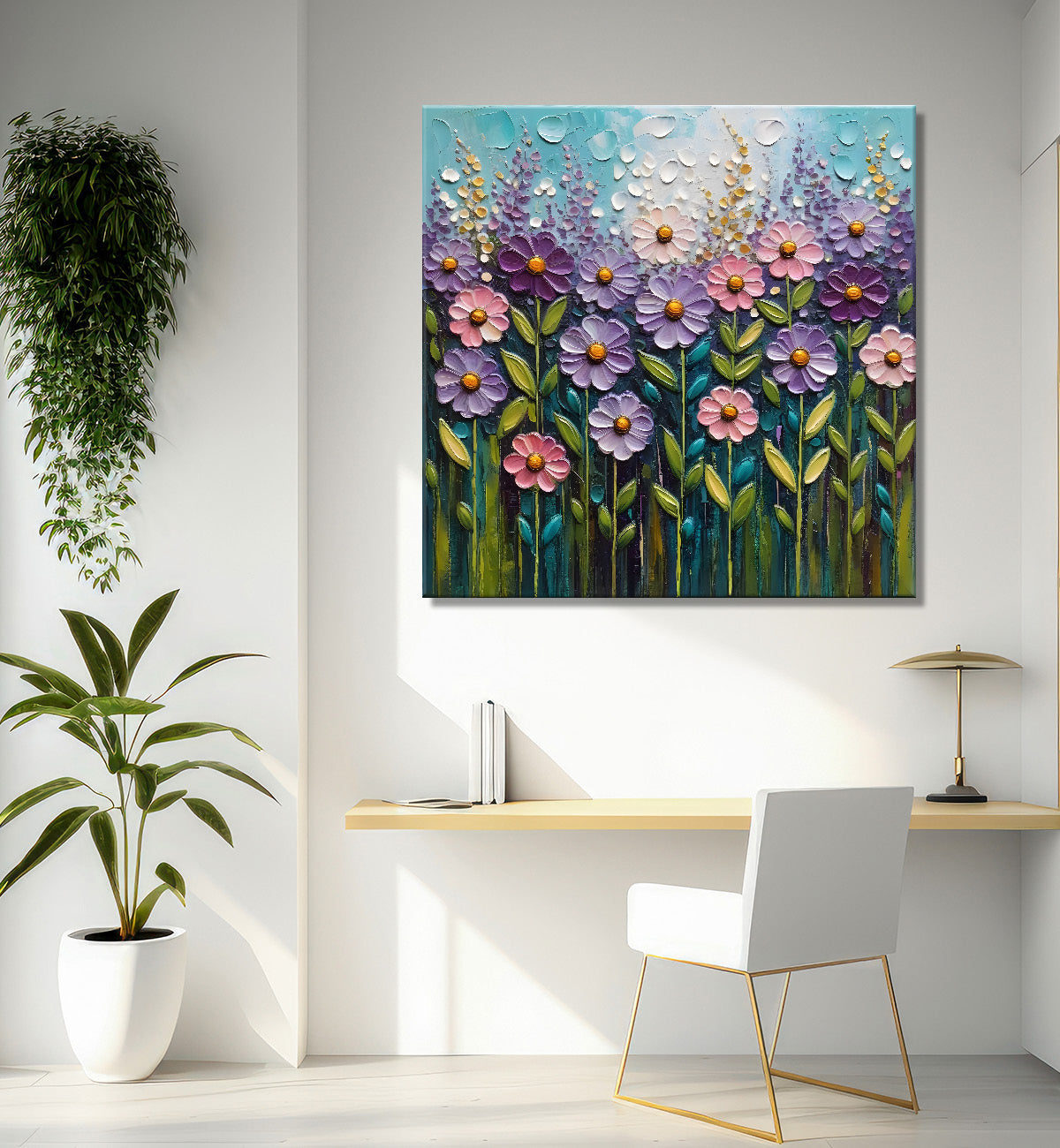 Purple flowers in blue background textured painting - Flower-S-7