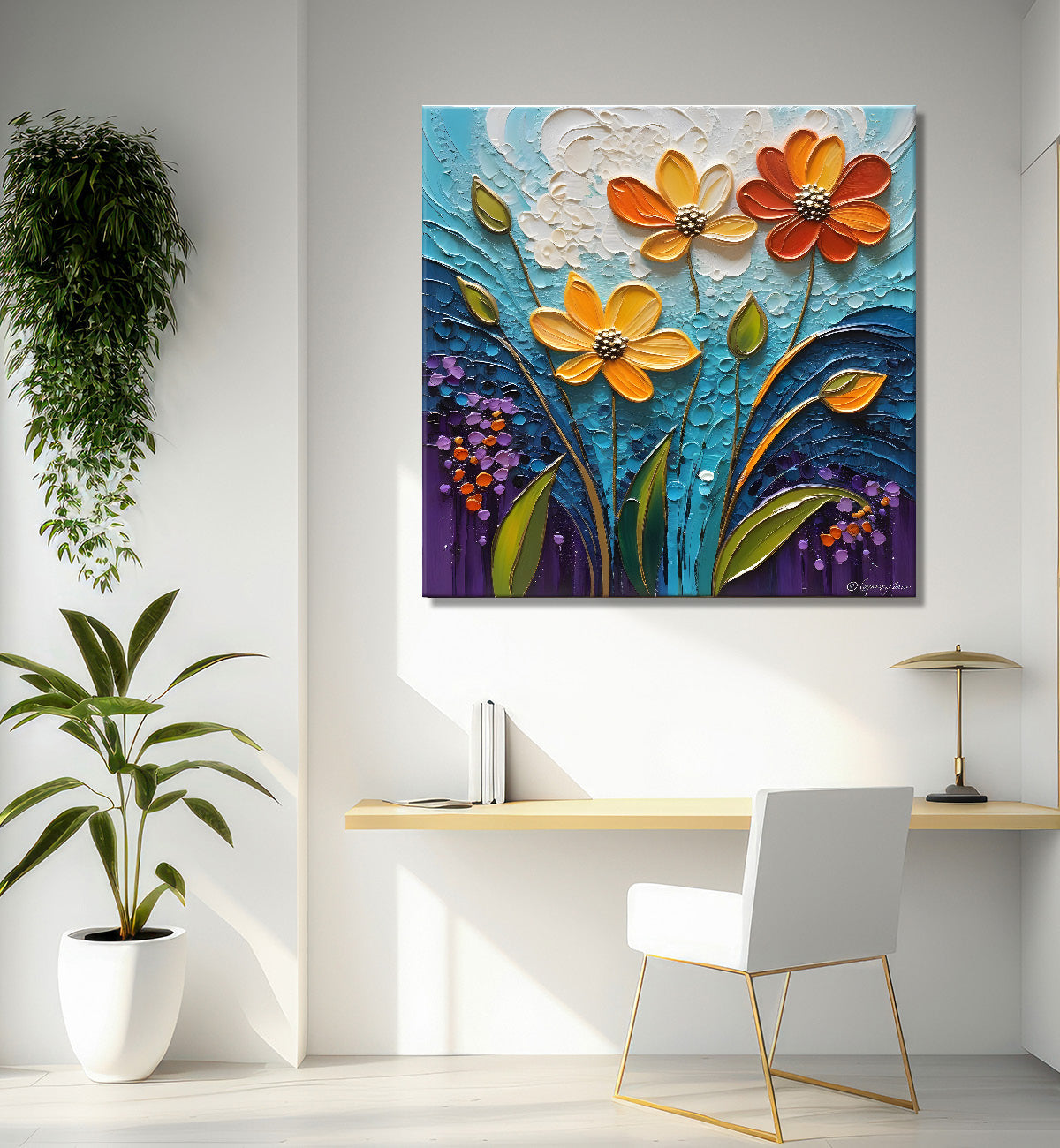 Colourful flowers in blue background textured painting  - Flower-S-8