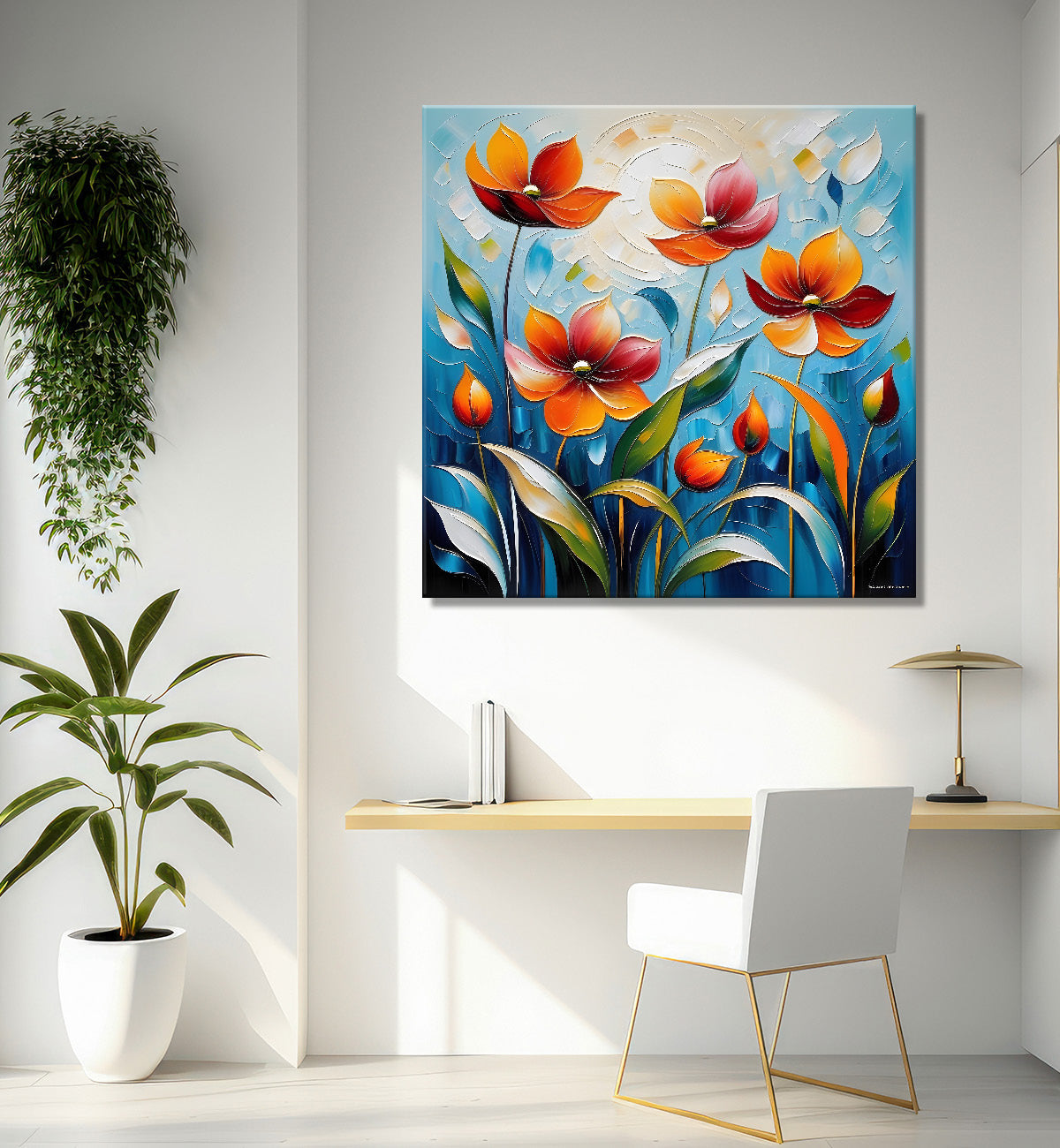 Orange flowers in blue background textured painting  - Flower-S-9