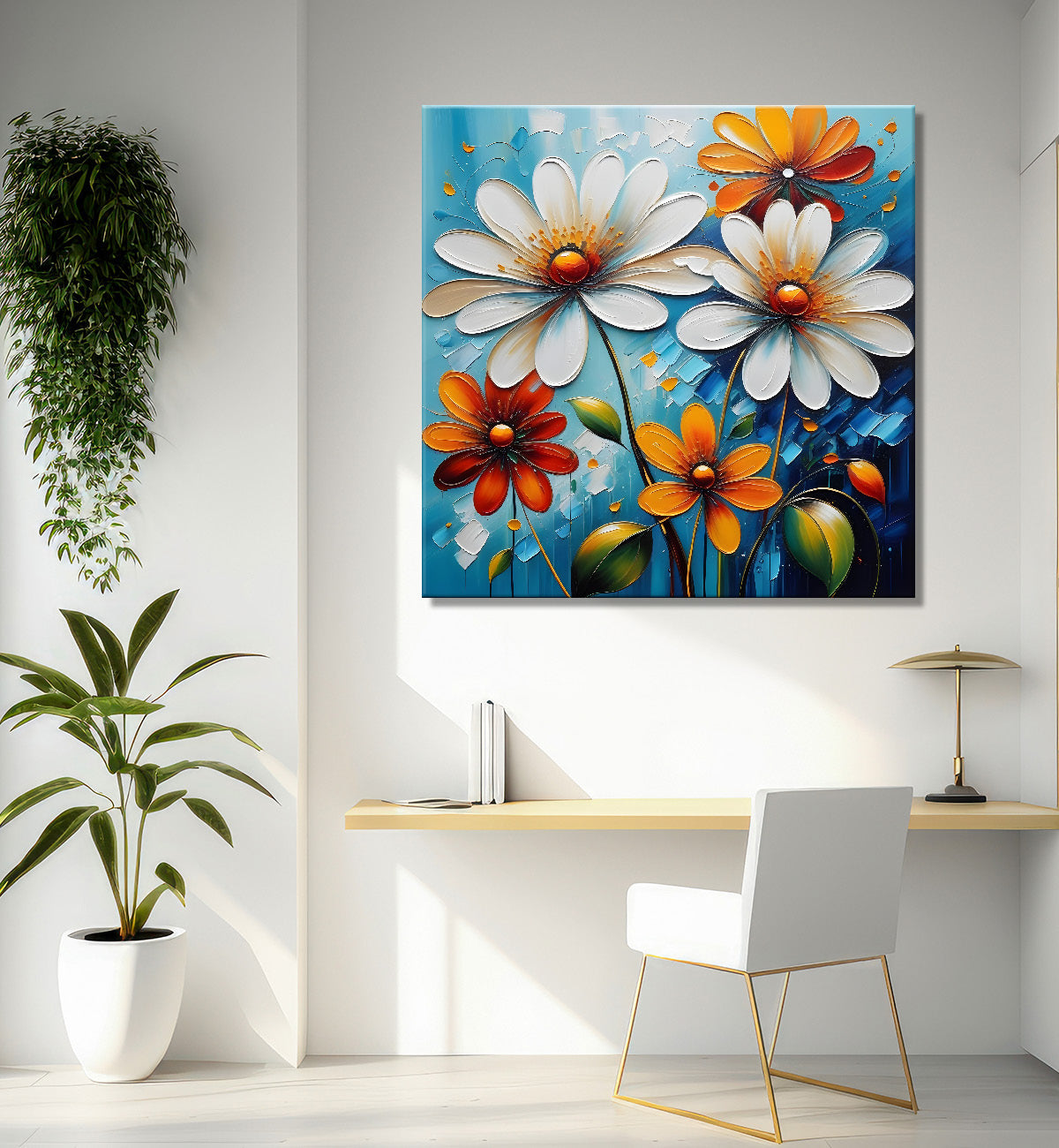 White and orange flowers in blue background textured painting  - Flower-S-10