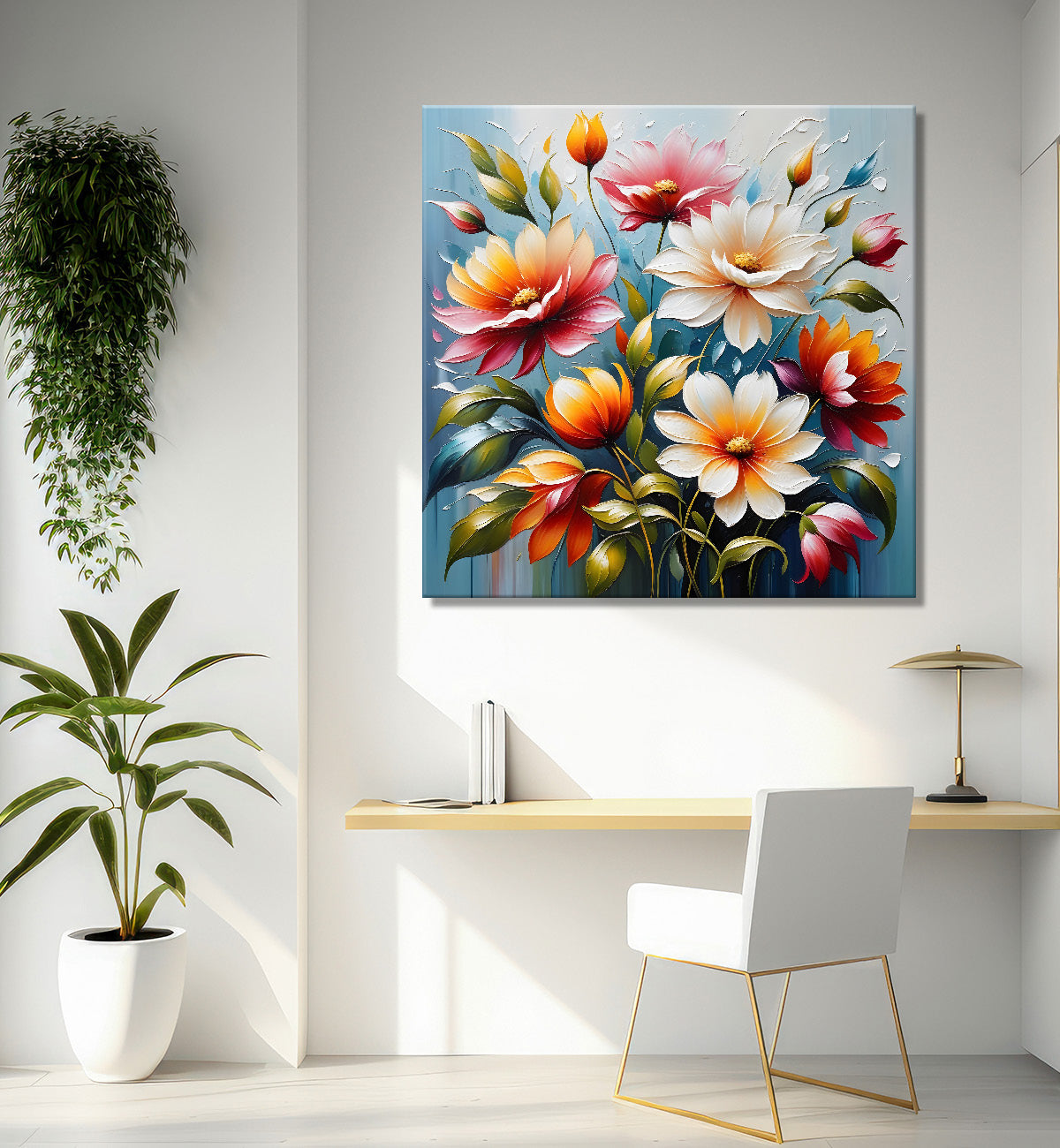 Colourful flowers in blue background textured painting - Flower-S-12