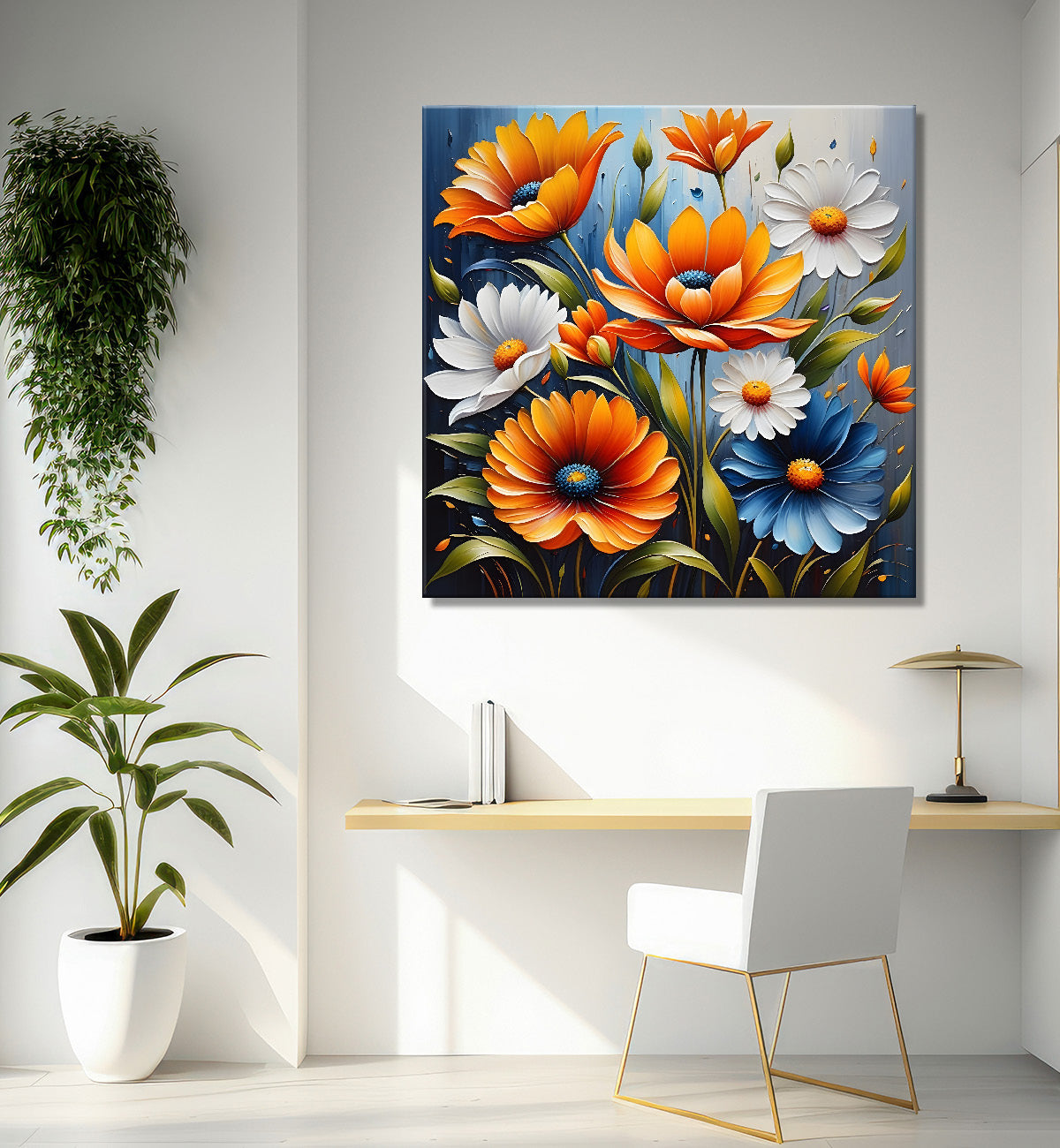 Yellow flowers in blue background textured painting  - Flower-S-13