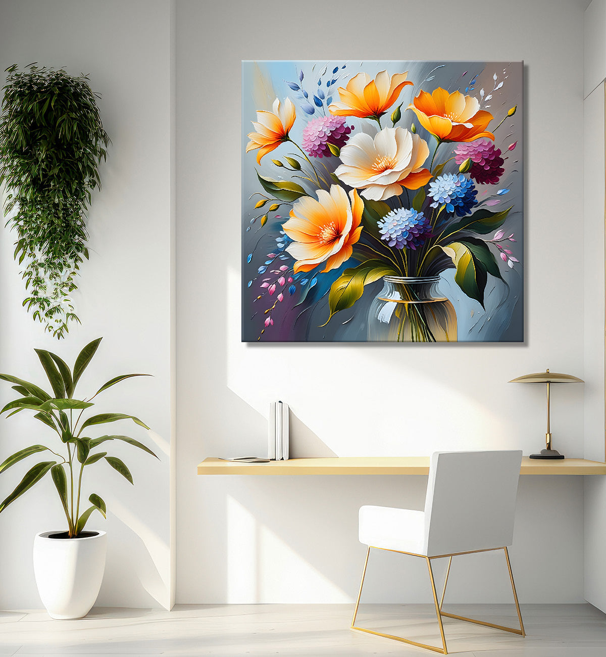 Yellow flowers in blue background textured painting - Flower-S-14