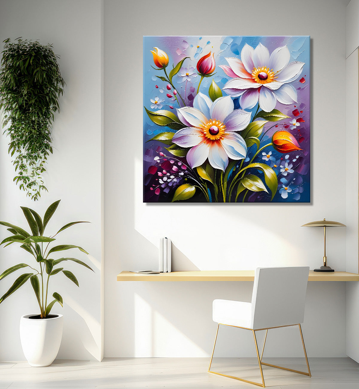 White flowers in blue background textured painting - Flower-S-15