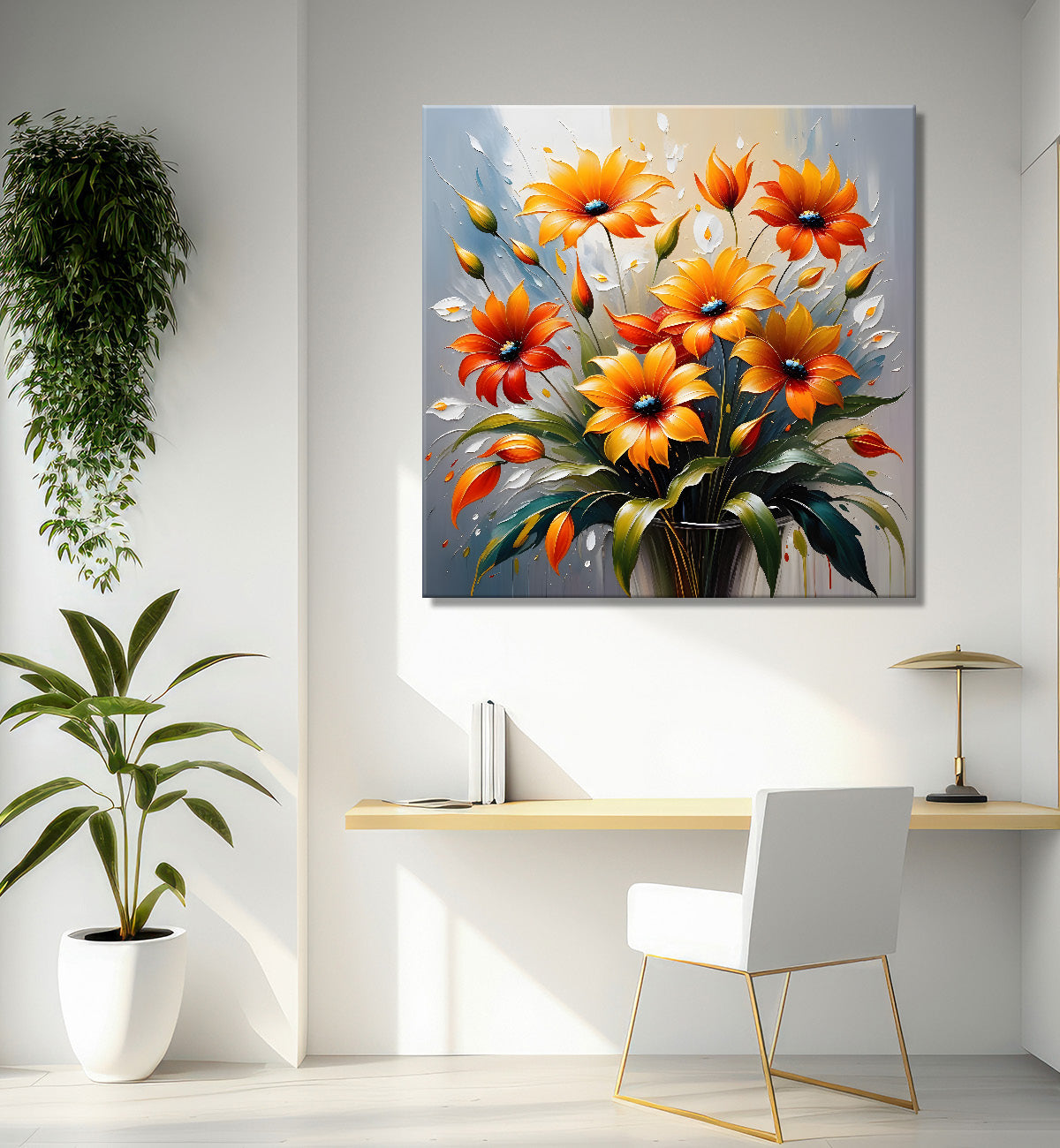 Yellow and orange flowers in grey background textured painting - Flower-S-16