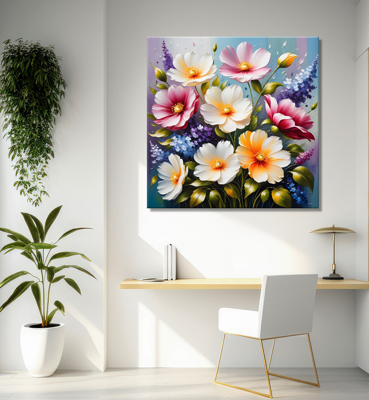 Pink flowers in blue background textured painting  - Flower-S-17