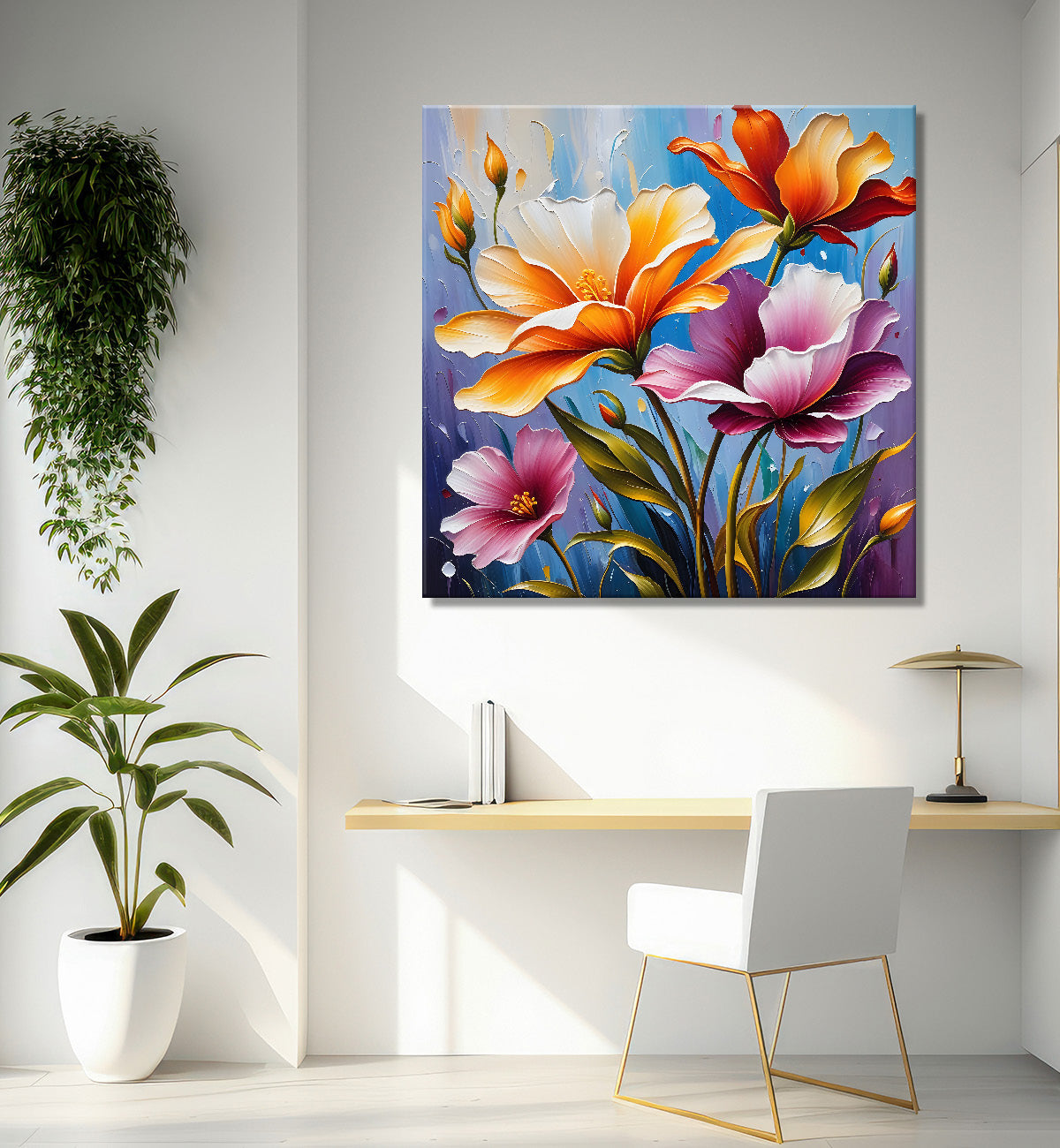 White and purple flowers in blue background textured painting - Flower-S-19