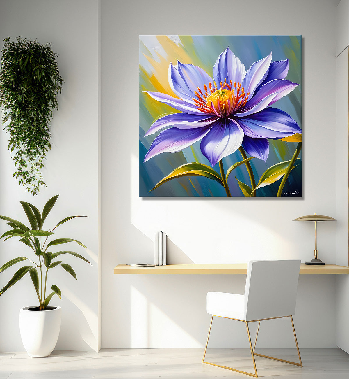 Purple flower in blue background textured painting - Flower-S-20