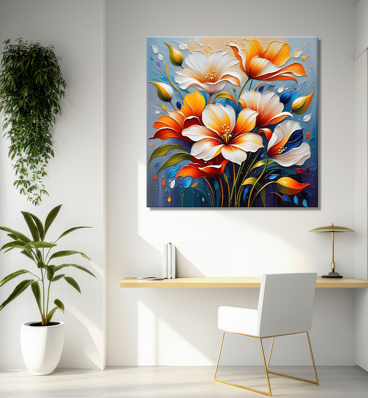 Peach flowers in blue background textured painting - Flower-S-21