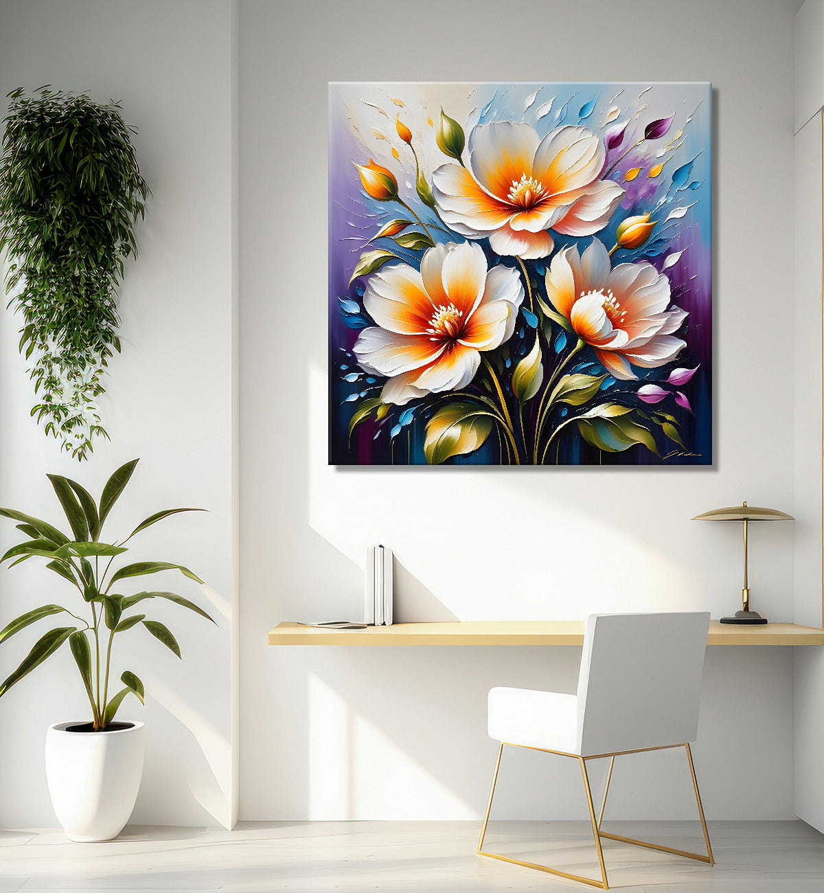 White and purple flowers in blue background textured painting - Flower-S-22