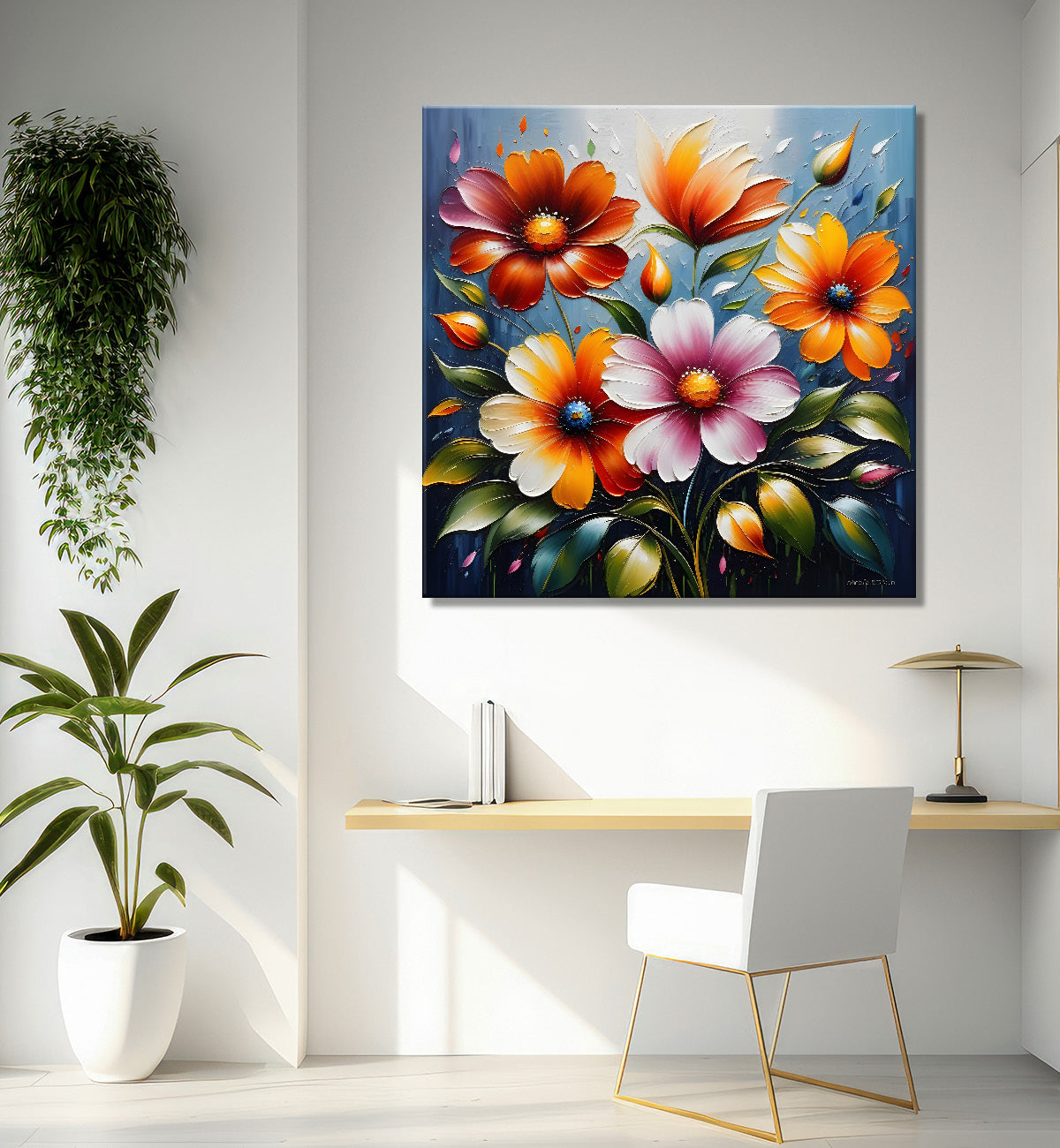 Colourful flowers in blue background textured painting - Flower-S-23