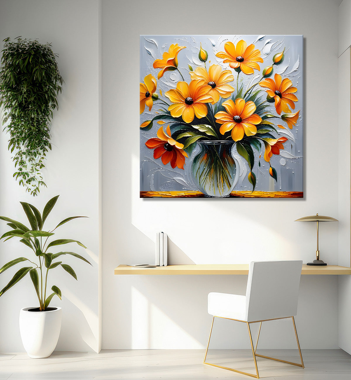 Yellow flowers in a vas with grey background textured painting - Flower-S-24