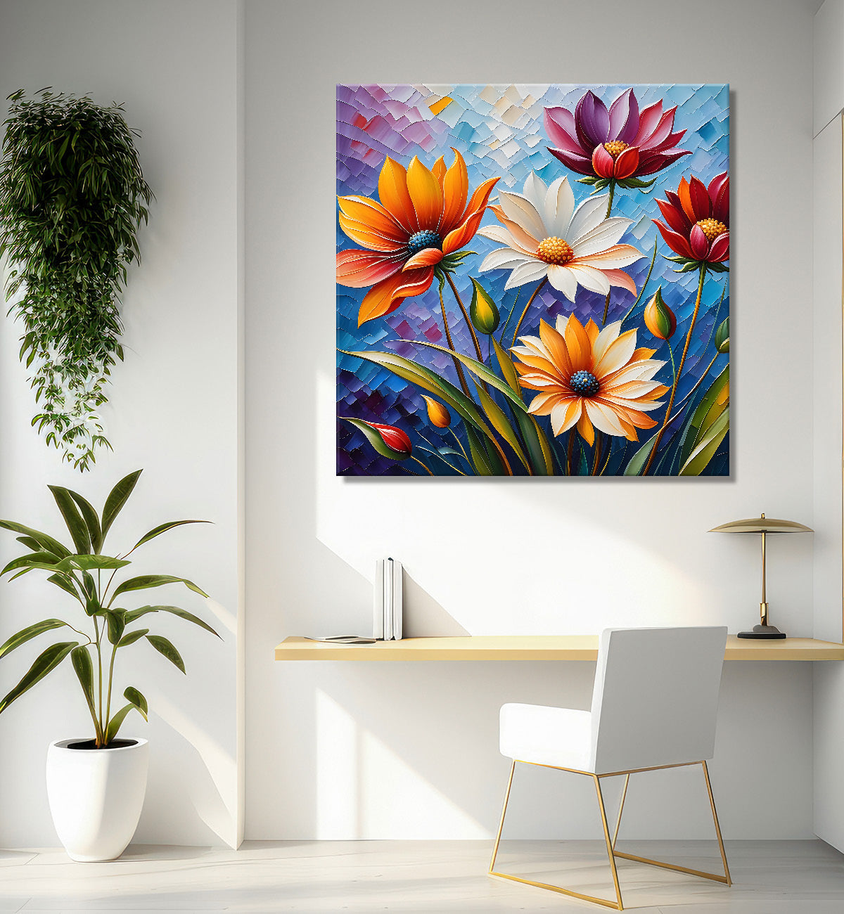 Colourful flowers in blue background textured painting - Flower-S-25