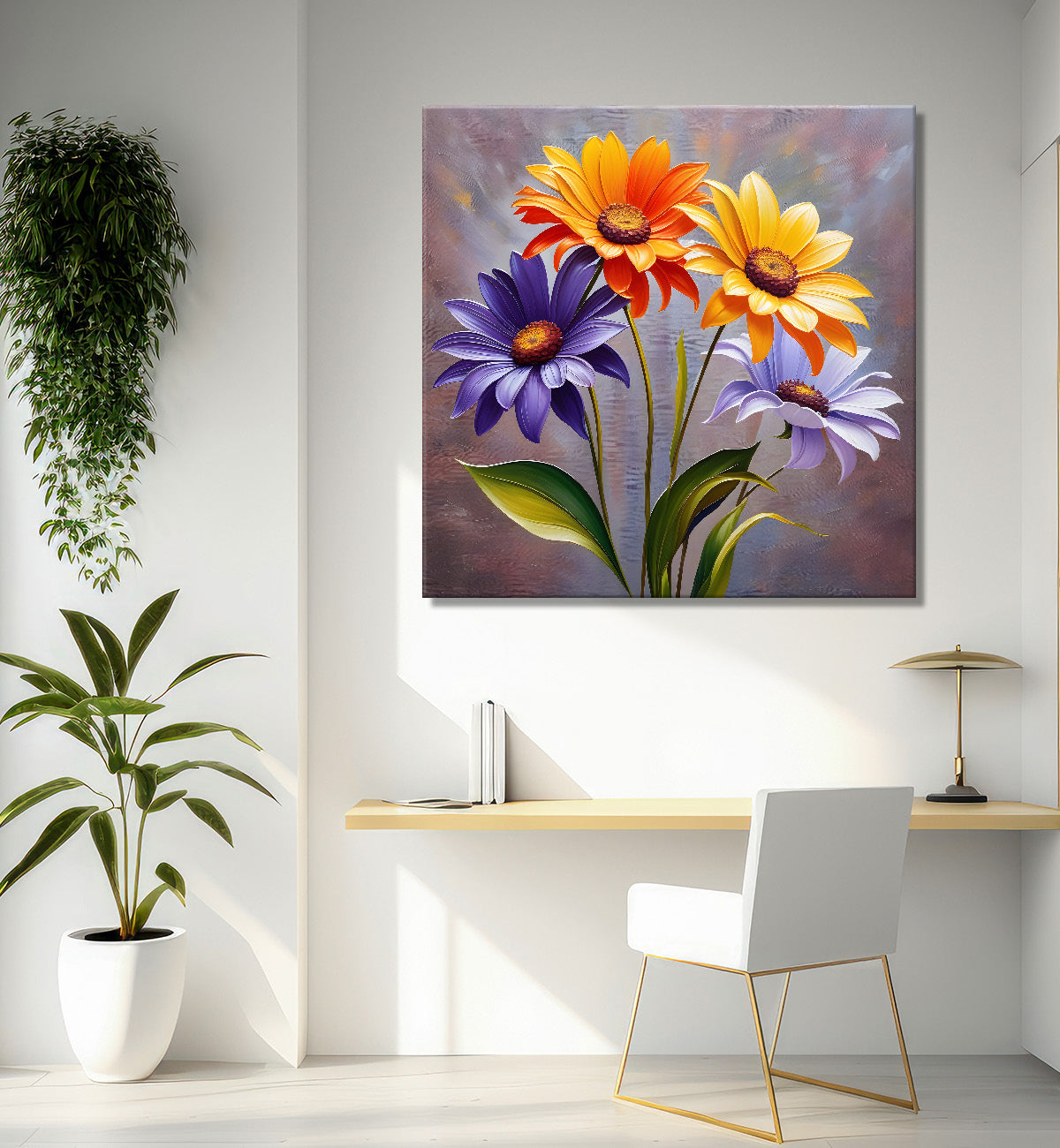 Colourful flowers in light brown background textured painting - Flower-S-26
