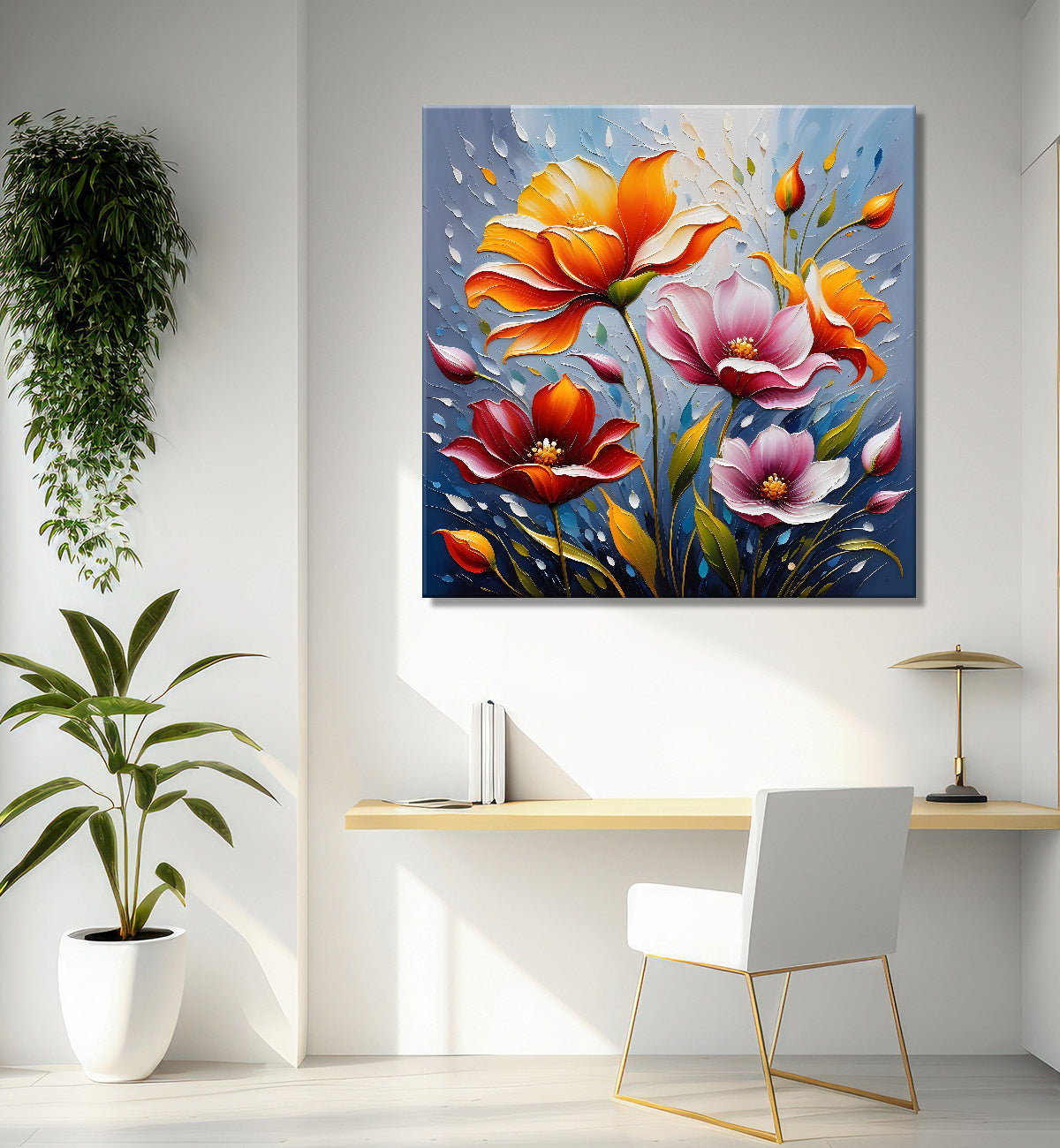 Colourful flowers in blue background textured painting - Flower-S-27