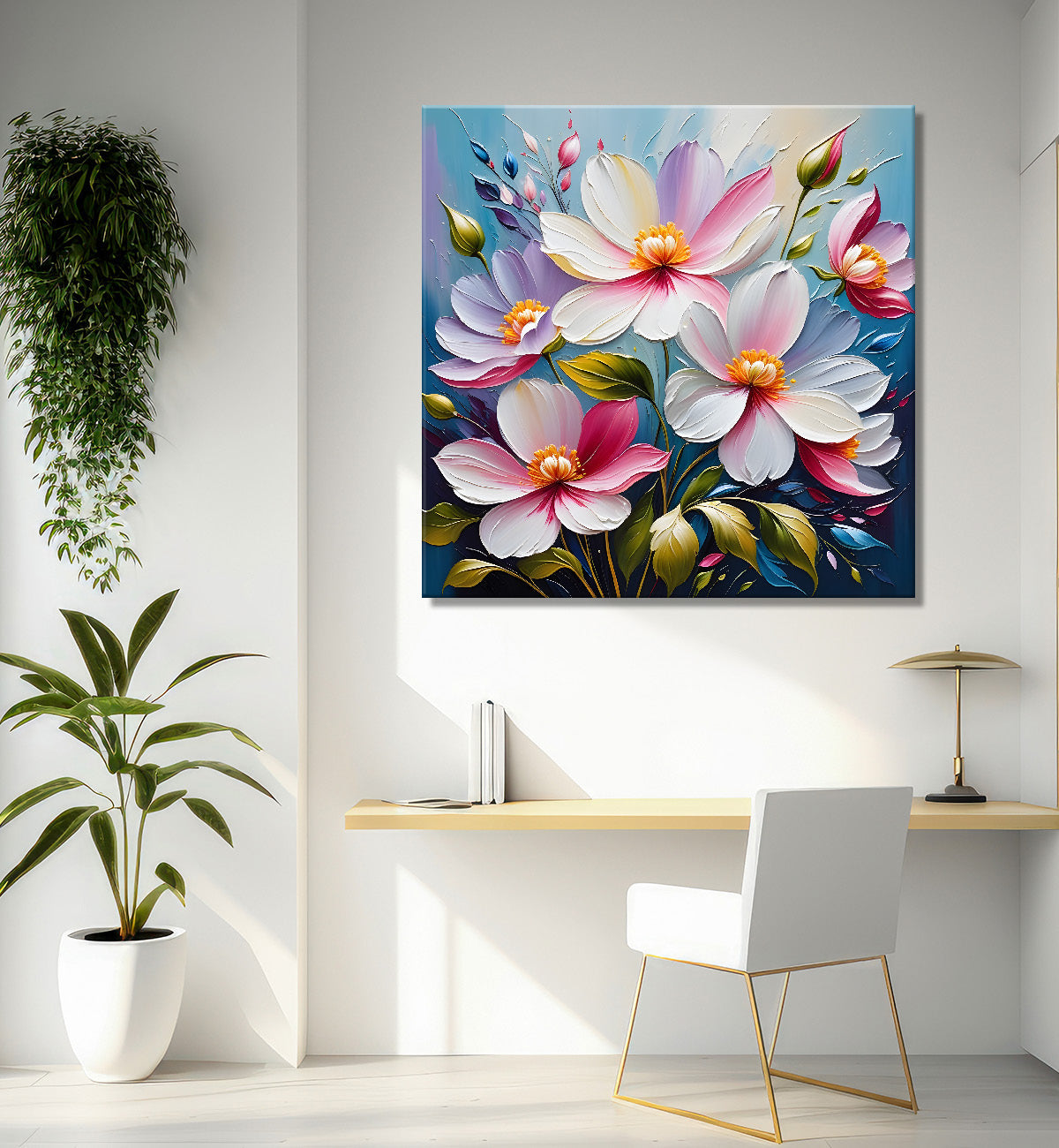 White flowers in blue background textured painting  - Flower-S-28