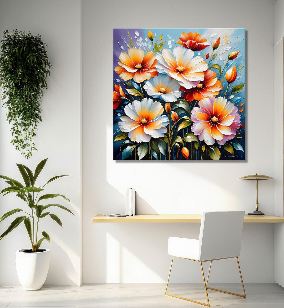 Peach flowers in blue background textured painting - Flower-S-29