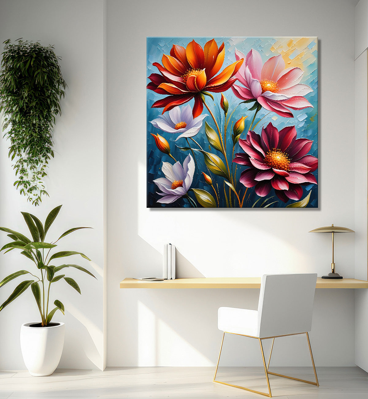 Red with pink flowers in blue background textured painting - Flower-S-30