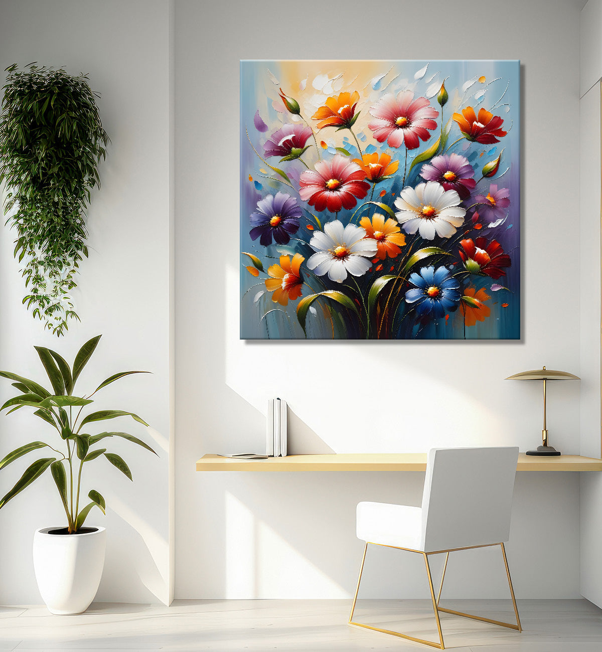 Colourful flowers in blue background textured painting  - Flower-S-31