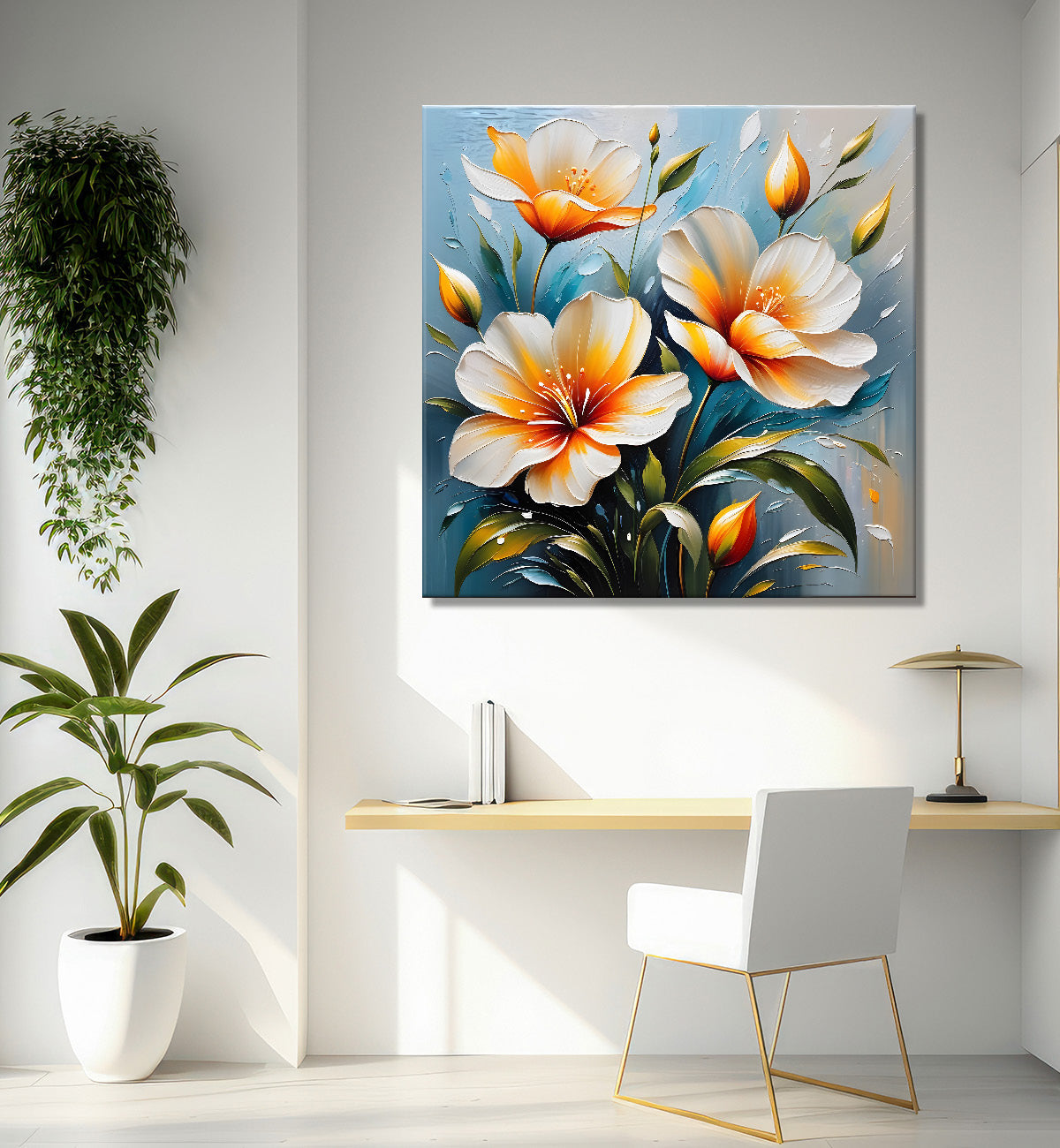 Peach flowers in blue background textured painting  - Flower-S-32