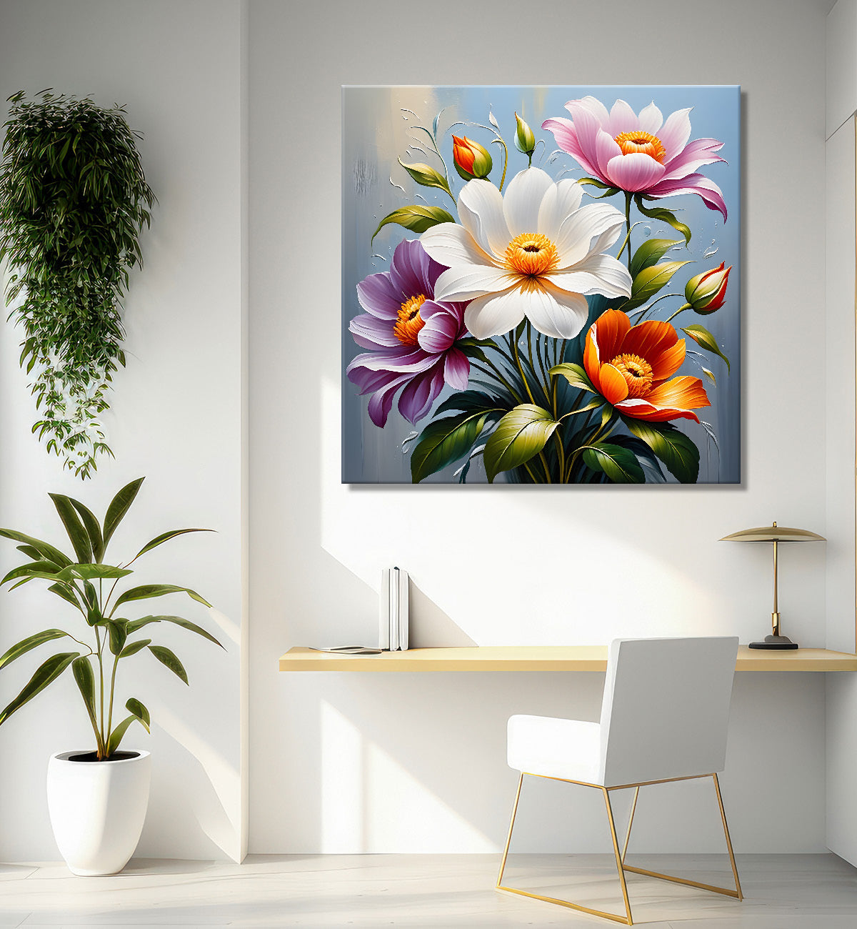 Colourful flowers in blue background textured painting  - Flower-S-33