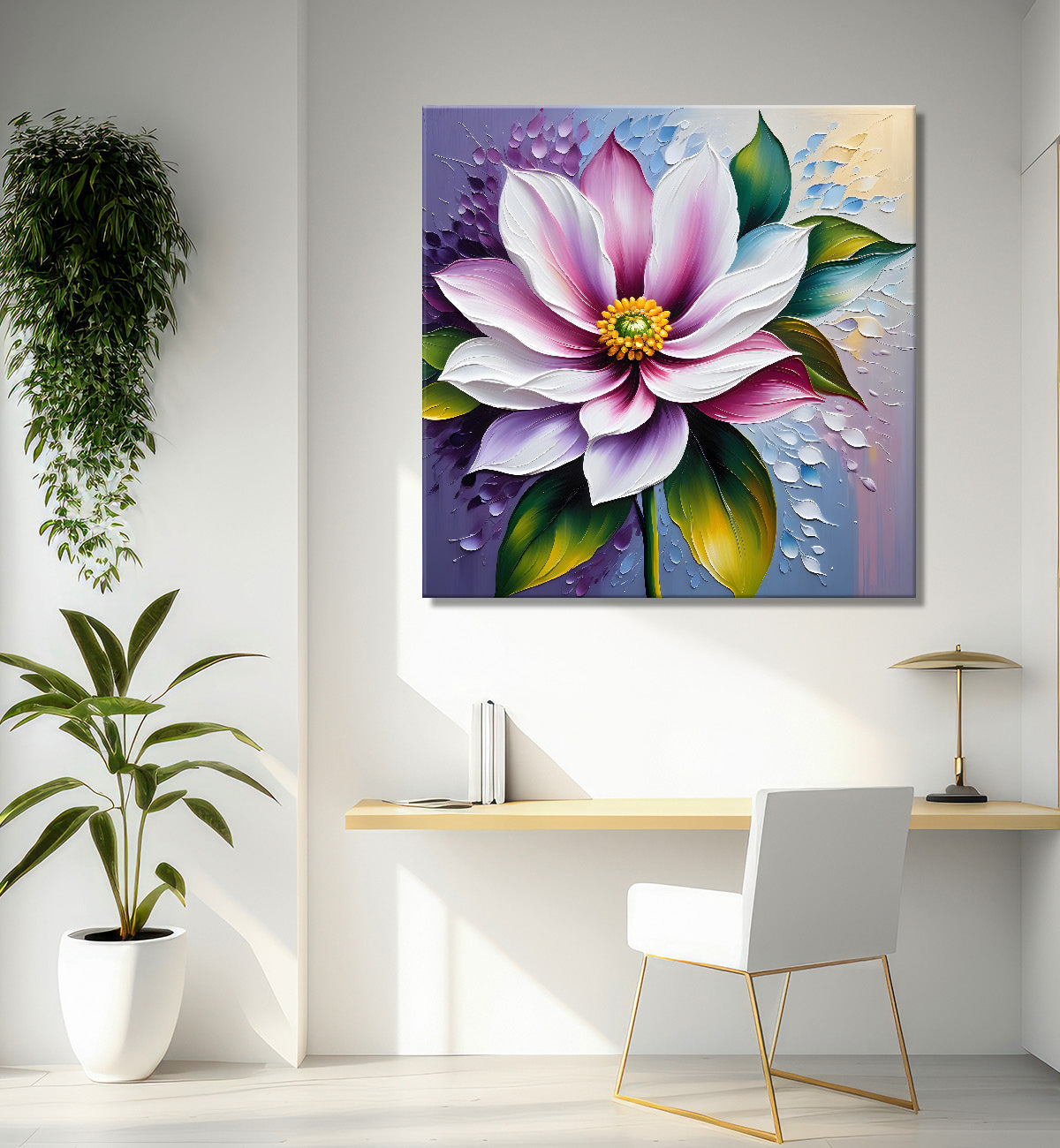 Purple flower in blue background textured painting  - Flower-S-34