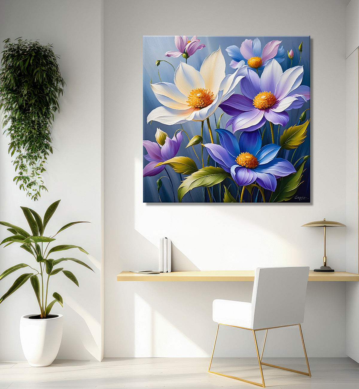 White and purple flowers in blue background textured painting  - Flower-S-35