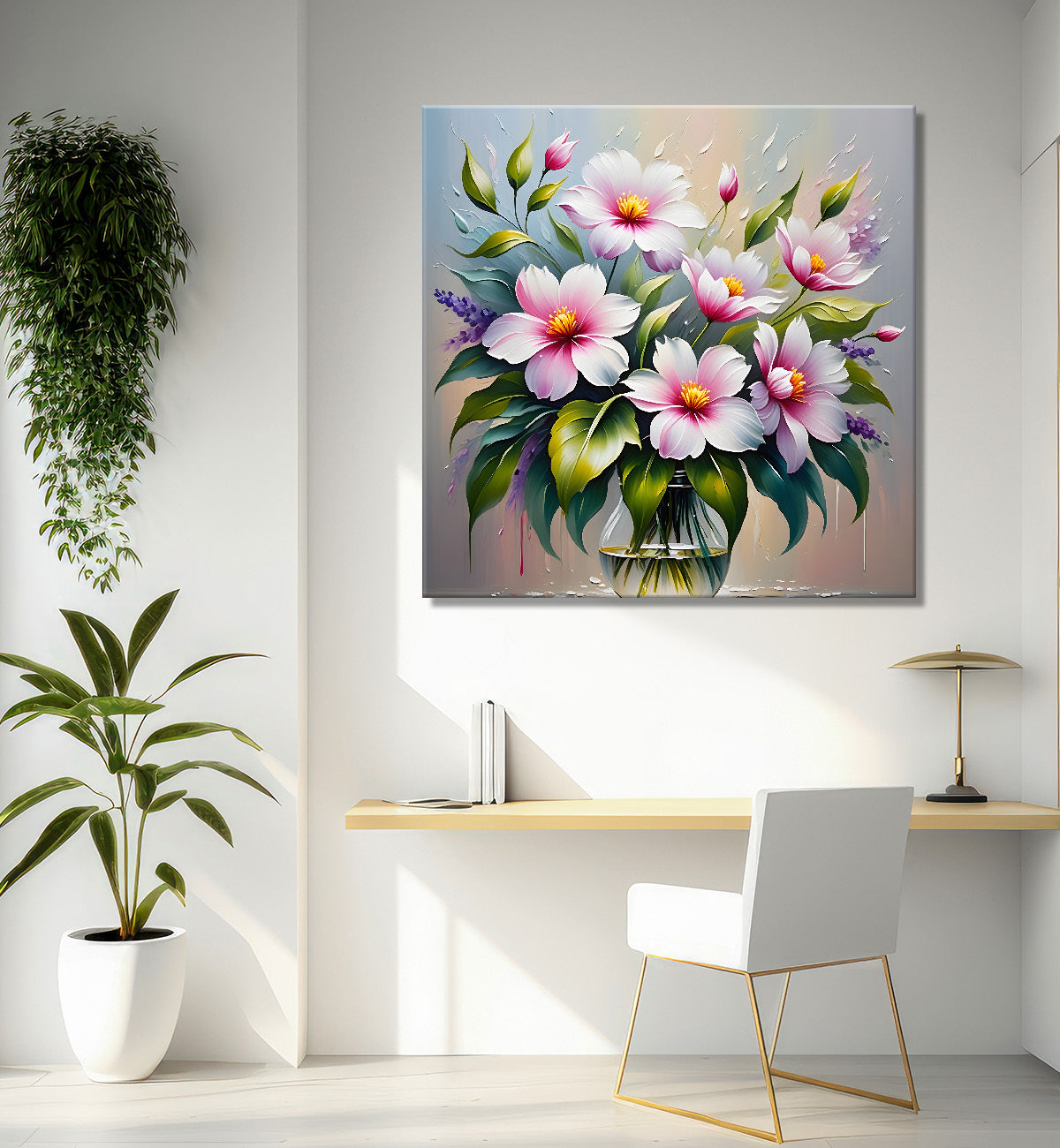 Pink flowers in blue background textured painting - Flower-S-36