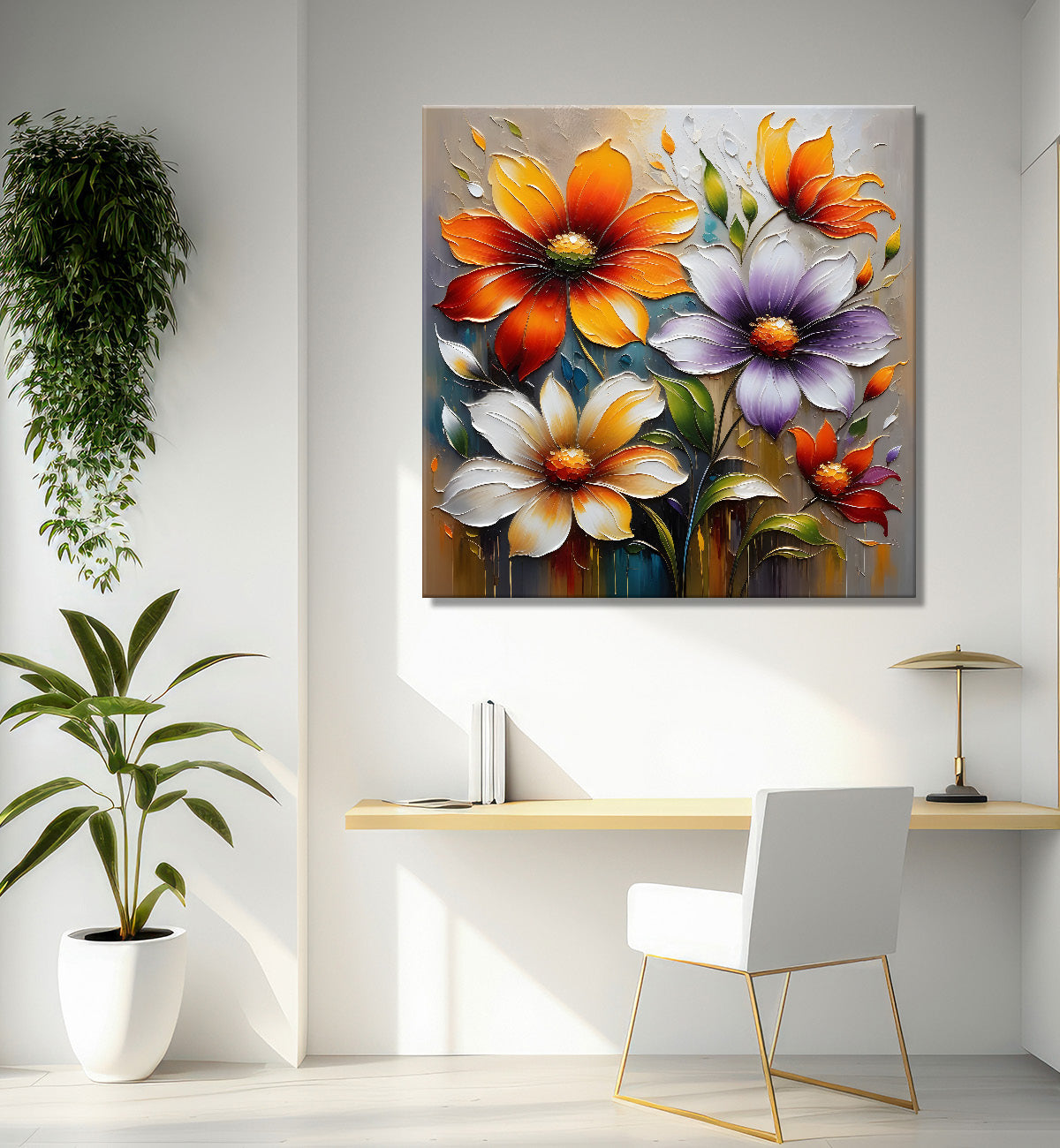 Colourful flowers in blue background textured painting - Flower-S-37