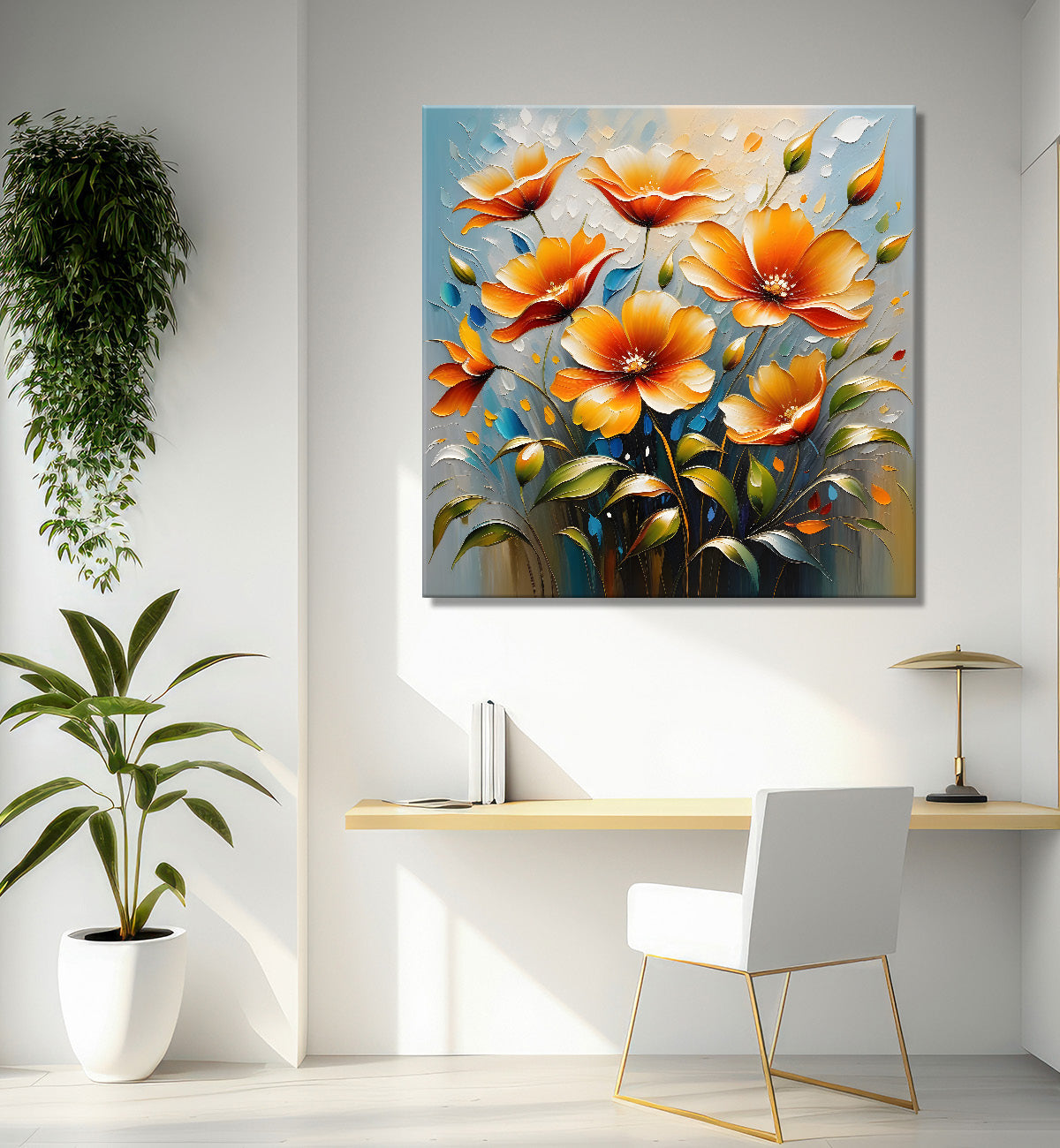 Purple flower in blue background textured painting - Flower-S-39