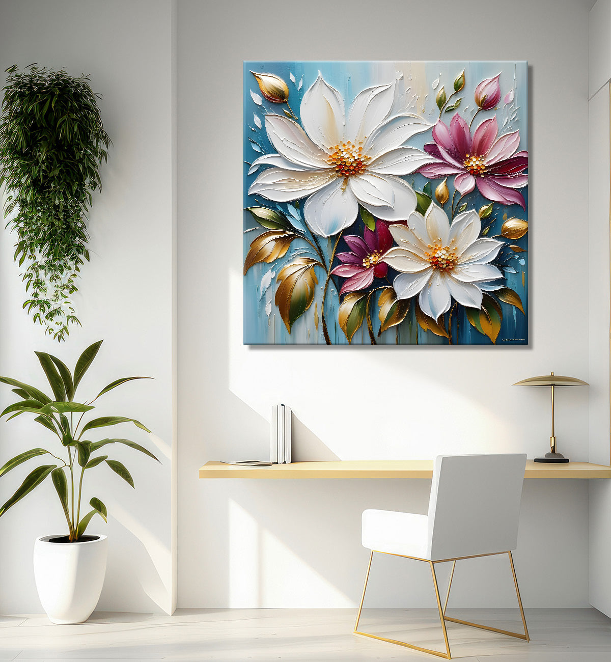 White and purple flowers in blue background textured painting  - Flower-S-40