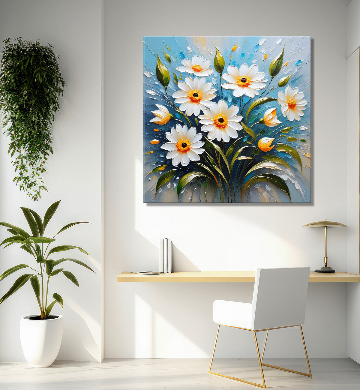 White flowers in blue background textured painting   - Flower-S-41