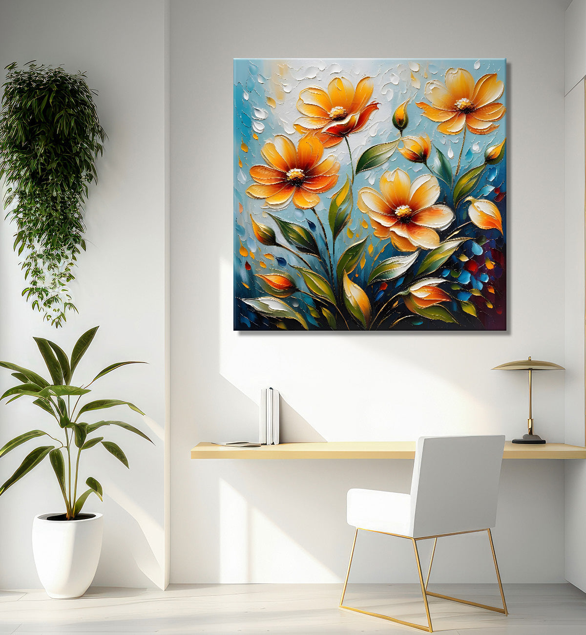 Yellow flowers in blue background textured painting  - Flower-S-42