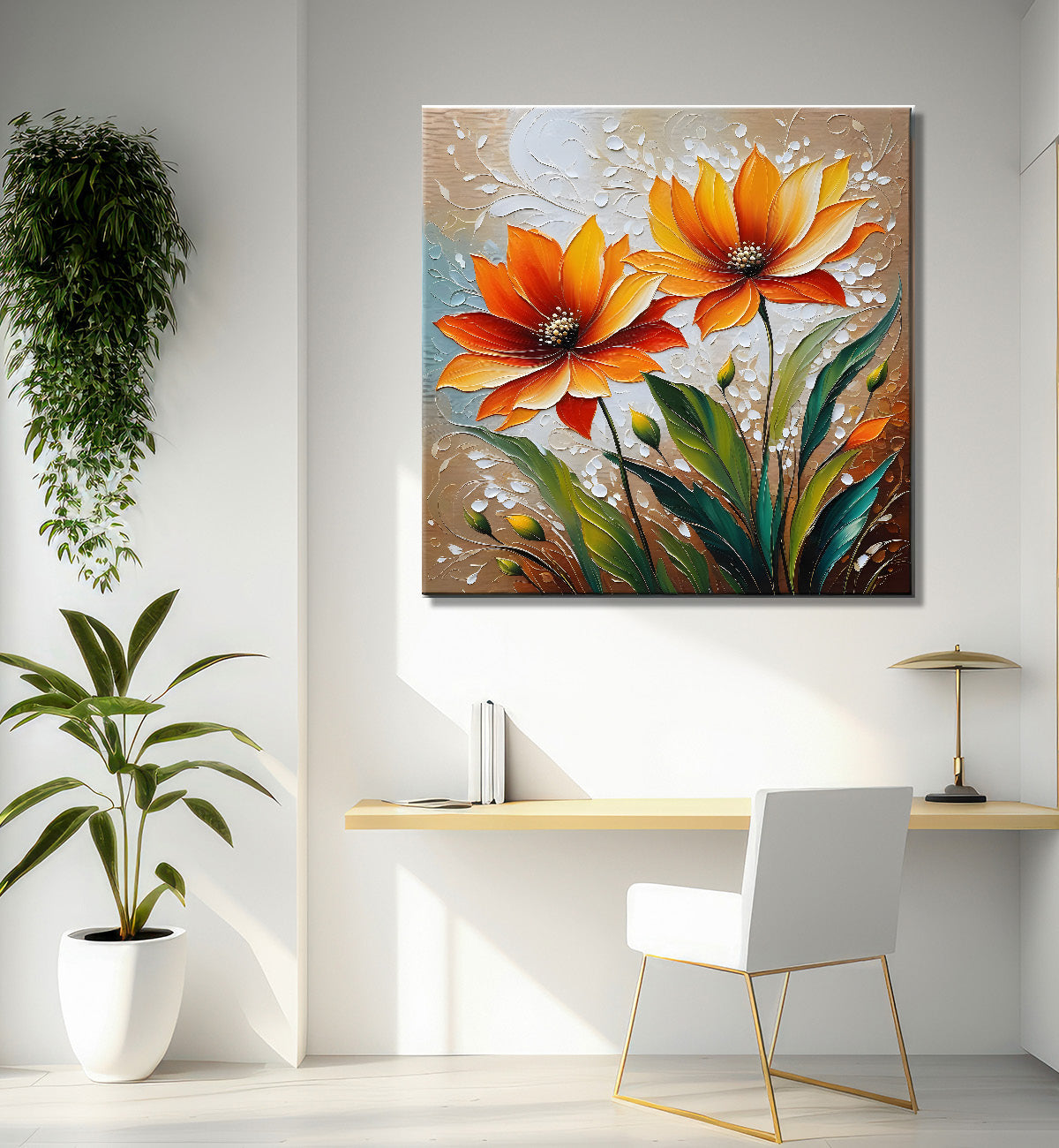 Orange flowers in light background textured painting - Flower-S-43