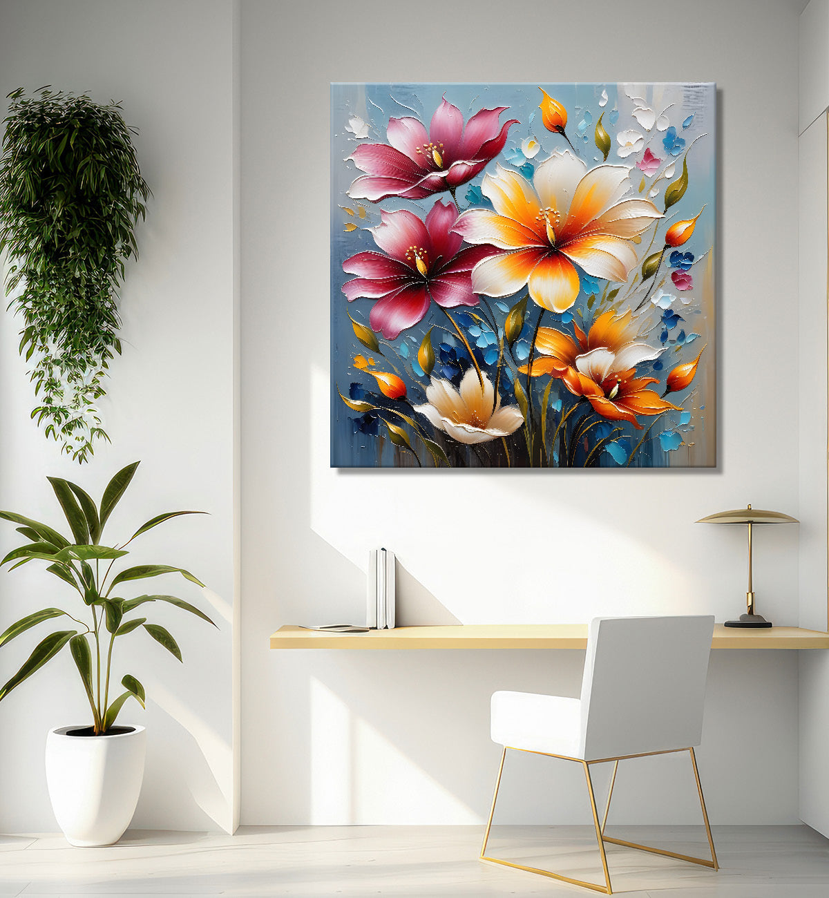 Colourful flowers in blue background textured painting  - Flower-S-45
