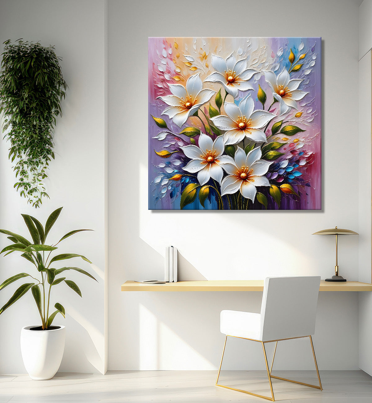 White flowers in colourful background textured painting - Flower-S-47