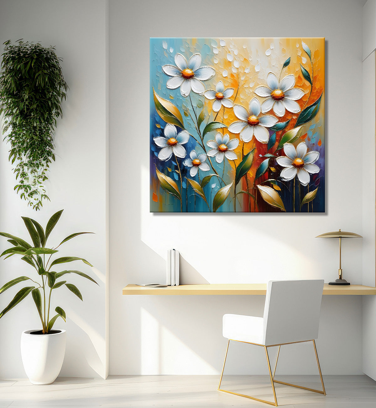 White flowers in colourful background textured painting  - Flower-S-48